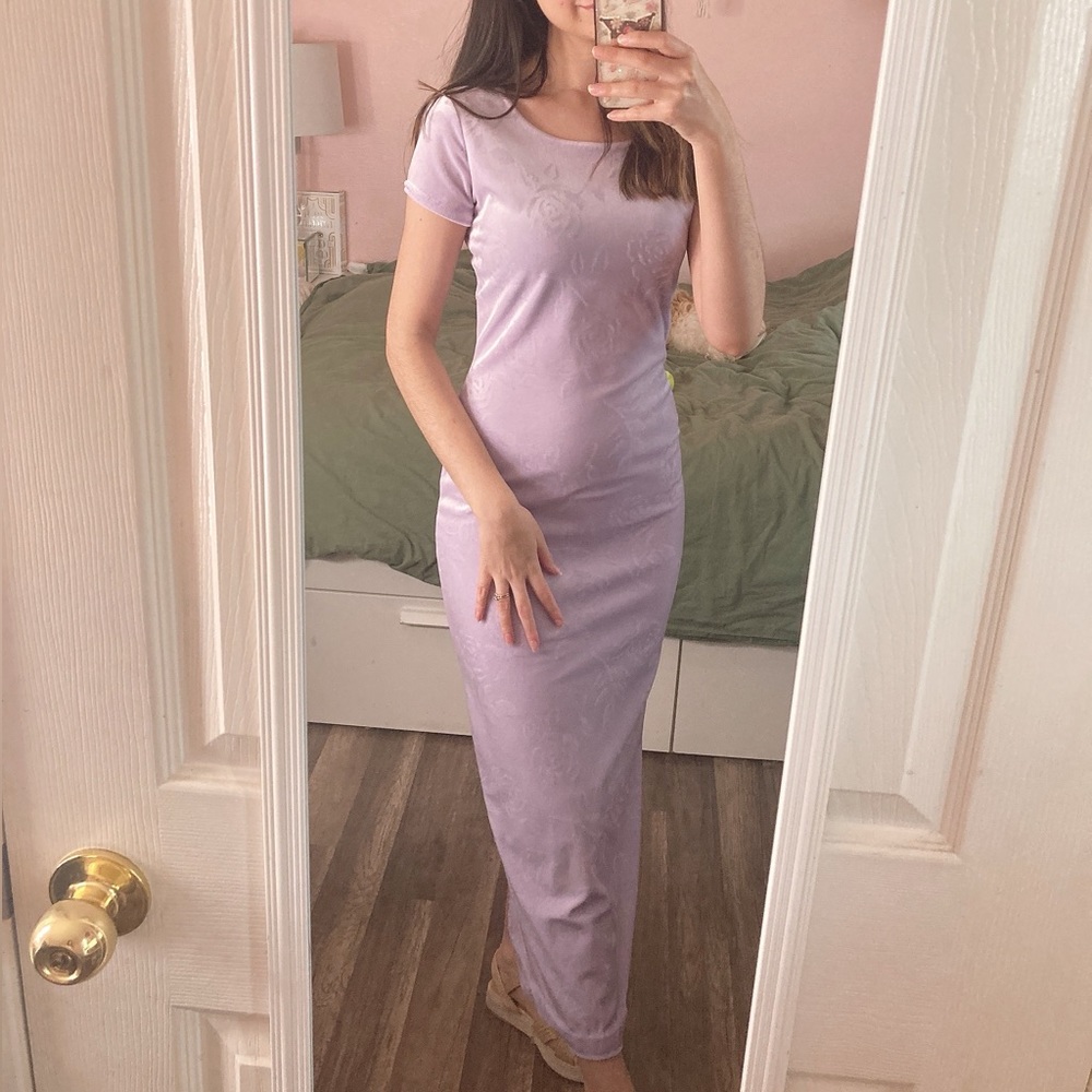 Size Small- Light purple velvet long dress with slit and floral print design